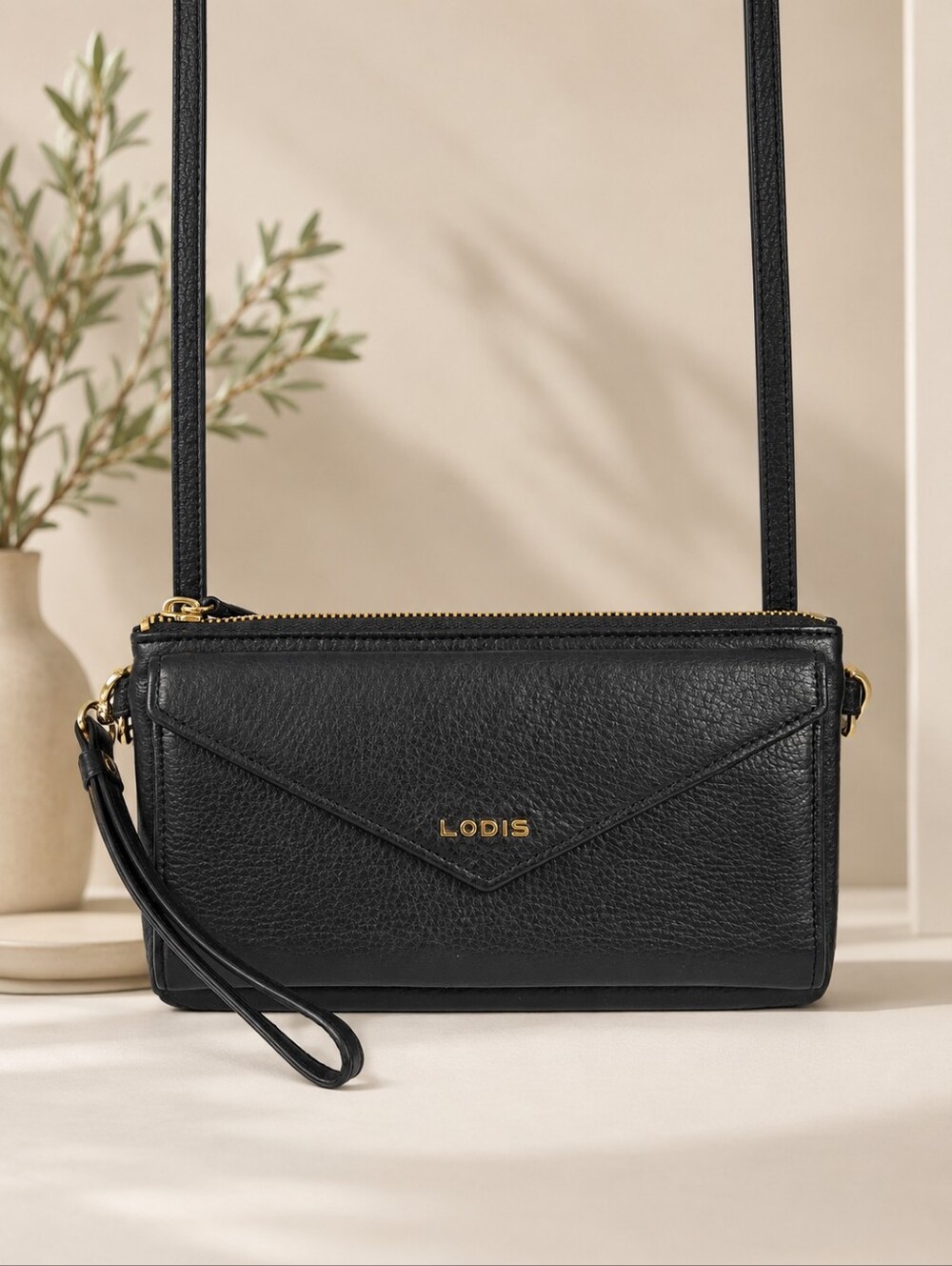 Lodis Black Leather Wallet Crossbody Clutch Wristlet Gold Hardware EUC Like New